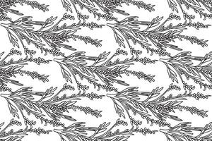 Line art olive plant branches with leaves and berries abstract seamless pattern illustration. Black and white outline botanical repeating Olive trees background. Graphic design for Cover vector