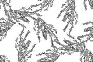 Line art olive plant branches with leaves and berries abstract seamless pattern illustration. Black and white outline botanical repeating Olive trees background. Graphic design for Print Cover Card vector