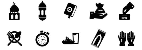 Elegant Islamic Ramadan Activity Icons Set With Black Solid Color Style vector