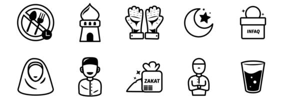 Islamic Practices and Ramadan Set Collection Concepts Icons With Black Outline Style vector