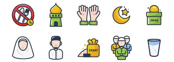 Islamic Practices and Ramadan Set Collection Concepts Icons With Filled Line Art Style vector