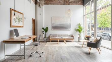 Modern coworking space with private booths, standing desks, and plants photo
