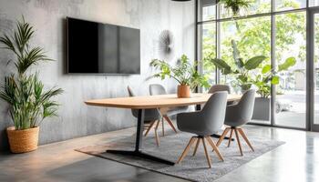 Modern meeting room with wooden table, stylish chairs, and greenery photo