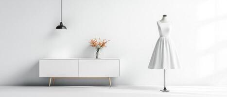 minimalist display of white dress on mannequin with flowers photo