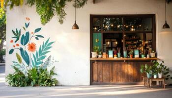 vibrant urban storefront featuring colorful mural and lush plants photo