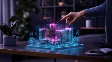 futuristic workspace showcasing holographic city model with vibrant colors photo