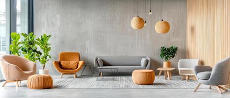 Modern coworking space featuring stylish furniture and greenery photo