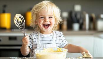 Child giggling with whisk, enjoying baking in bright kitchen photo