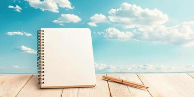 customizable notebook on wooden table with pen under blue sky photo
