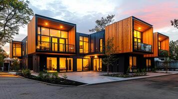 Modern luxury hotel with modular construction and warm lighting photo