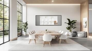 Modern conference room with large table, white chairs, and greenery photo