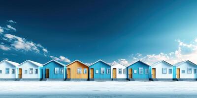 Modern colorful houses lined up under bright blue sky with clouds photo