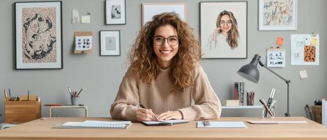 professional woman with curly hair smiles while taking notes at her desk photo