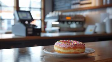 Pink Sprinkled Donut on a White Plate. photo