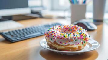 Sprinkled Donut on a Desk Office photo