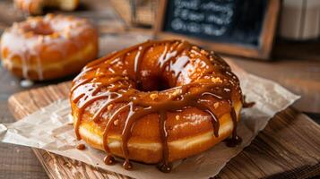 Delicious Glazed Donut with Caramel Topping. photo
