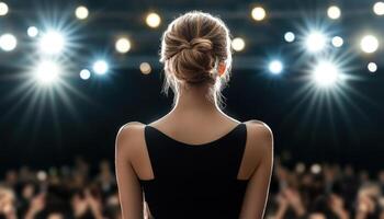 Back view of a woman standing in front of a crowd of people photo