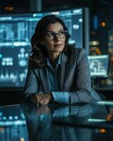 A woman in a suit and glasses sitting at a table with a computer screen in the background photo