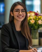 A woman in glasses is smiling while sitting at a desk photo