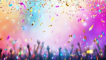 Joyful Celebration A Crowd Rejoices Under a Shower of Colorful Confetti photo