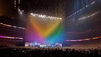 Spectacular Concert at Stadium Rainbow Confetti Shower Over Thrilled Crowd photo