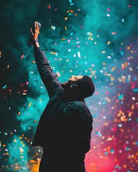 triunfante cantante celebra éxito en medio de un ducha de papel picado en etapa foto