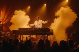 Concert Performance Musician Plays Keyboard Amidst Orange Smoke and Lights photo