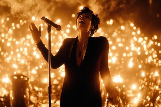 hembra cantante ejecutando en etapa con ardiente antecedentes luces concierto actuación foto