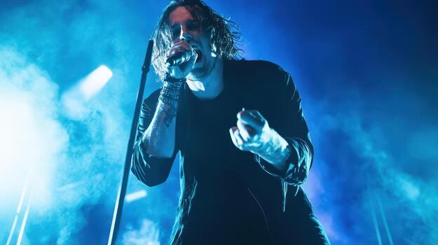 apasionado cantante ejecutando en etapa debajo azul luces intenso En Vivo música concierto experiencia foto