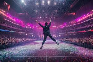 Concert Celebration A Thrilling Jump of Joy Amidst Confetti and Roaring Crowd photo