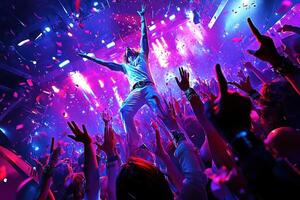 Electrifying Live Concert Singer Soaring Above Crowd in a Burst of Energy and Confetti photo