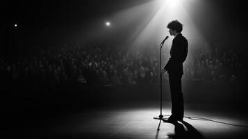 A Solitary Figure on Stage A Black and White Portrait of a Performer Before a Large Audience photo
