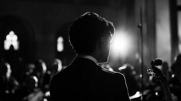 Silhouette of a Musician Performing on Stage, Backlit by a Bright Light Source in a Concert Hall photo