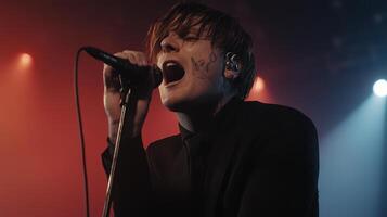 Passionate Singer Performing Live on Stage Under Dramatic Lighting, Captivating Concert Atmosphere photo
