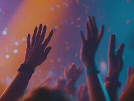 Euphoric Crowd at Concert Hands Raised High Under Neon Lights photo