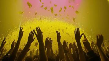 Euphoric Concert Crowd Yellow Confetti Raining Down on Cheering Fans at a Live Music Event photo