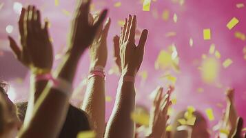 Euphoric Crowd at Concert, Hands Raised High Amidst Falling Confetti, Vibrant Pink Lighting photo