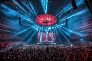 Spectacular Live Concert at a Massive Indoor Arena A Sea of Fans Under a Stunning Light Show photo