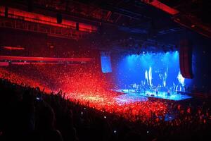 Spectacular Concert Atmosphere A Sea of Red and Blue Lights Illuminating a Massive Crowd at a Live Music Event photo