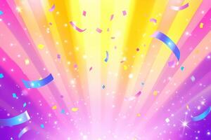 Vibrant Celebration Background with Falling Confetti and Sparkling Rays of Light photo