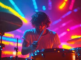 Vibrant Concert Drummer Illuminated by Neon Lights photo