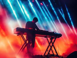 Silhouetted Musician Performing on Stage with Dynamic Lighting Effects A captivating concert scene with vibrant colors and atmospheric haze photo