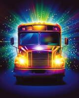 Magical School Bus Journey A vibrant, colorful illustration of a school bus radiating light and confetti, symbolizing adventure and excitement. photo