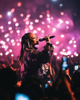 hembra cantante ejecutando en etapa con espumoso luces concierto actuación foto