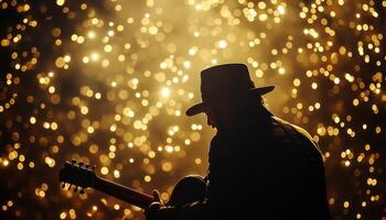 Silhouette of a Musician Playing Guitar Against a Sparkling Golden Background A Captivating Concert Moment photo