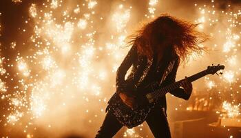Electrifying Guitarist Silhouetted Against a Fireworks Display A Rock Concert's Energetic Blaze photo