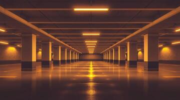 Spacious underground parking garage with sturdy concrete pillars and bright fluorescent lighting, emphasizing its functional and minimalist design photo