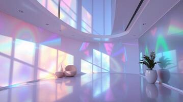 Modern interior with iridescent colors and strong, harsh light. Direct shadows, and iridescent reflections are prominently featured, rendered in a photorealistic style photo
