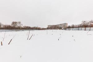 Winters Embrace A Serene Landscape of Snow-Covered Fields and Bare Branches Framed by a Stately Structure and Whispering Trees. photo
