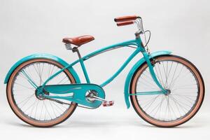 Turquoise stylish bicycle with brown leather seat photo